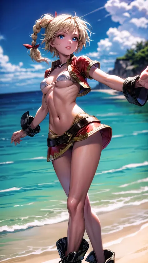 1 adult woman, character "kid" from chrono cross, 20 years old, (mature face), making various facial expressions, yellow hair in a high braided ponytail, (medium-small bust:1.4),standing on white sandy beach, in various fighting poses, fitted jacket 3/4 cr...