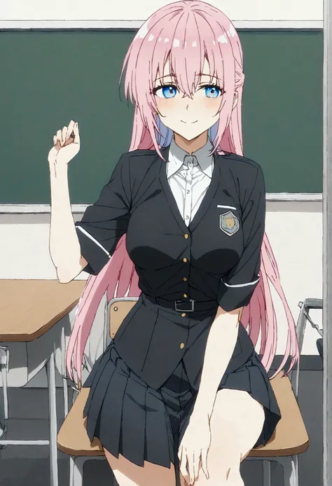NSFW,masterpiece,Highest quality,High resolution,Very detailed,Shikimori-san(可愛いだけじゃないShikimori-san),Pink Hair、Long Hair、blue eyes、Hair between the eyes、bangs,smile,uniform,Dress shirt,Pleated skirt,School,classroom,machine,Chair,blackboard