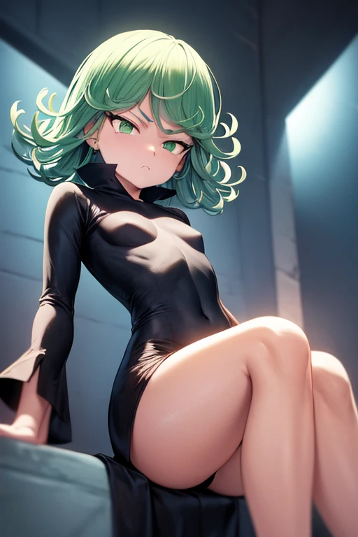 Masterpiece, Best Quality, Ultra Detailed, Illustration, Epic Lighting, Cinematic Composition, 1 Girl, Tatsumaki, Very Small Breasts, Black Dress, Pelvic Curtain, Long Sleeves, Green Eyes, Bright Eyes, Arms Crossed, Pouting, Closed Mouth, Piercing Gaze, Do...