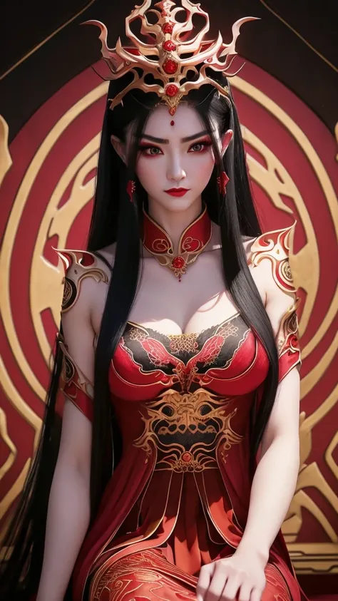 1 very beautiful medusa queen in hanfu, thin red silk shirt with many motifs,black lace top,crown on her head,long hair dyed bla...