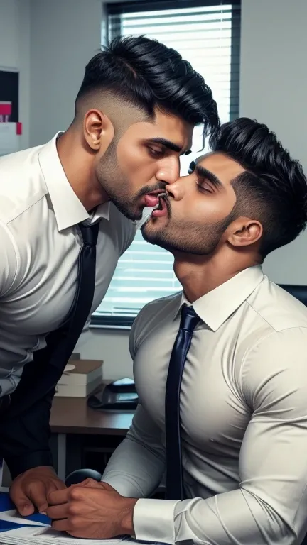 Business man Indian Gurjar gay couple wetty mouth to mouth kissing saliva dripping from mouth with big shinning eyes big lips wide jawline beautiful hunk face spiky black hairstyle, kissing in office 