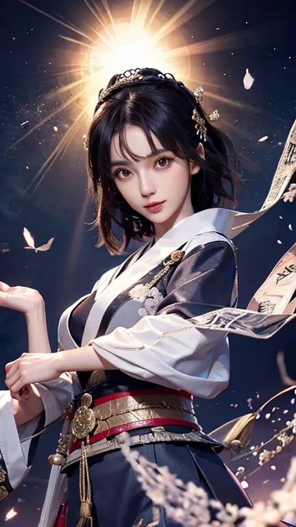 Japan, Sengoku period, beautiful girl, Japanese anime, black hair, short hair, slanted eyes, war genius, military strategist, sword style