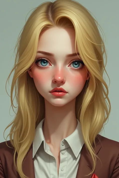 generate for me one of more or less , her hair is blonde with yellowish tips and her eyes are blue, has a snobbish air and a very round nose