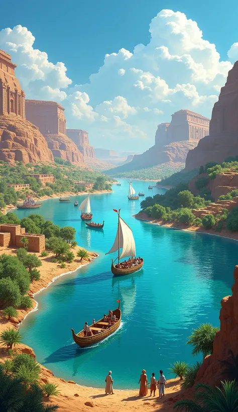 Illustrate the Nile River with lush banks during the annual flood, showing vibrant vegetation and crystal-clear water reflecting the sky. Include ancient wooden boats with white sails and small groups of Egyptians performing daily activities along the bank...