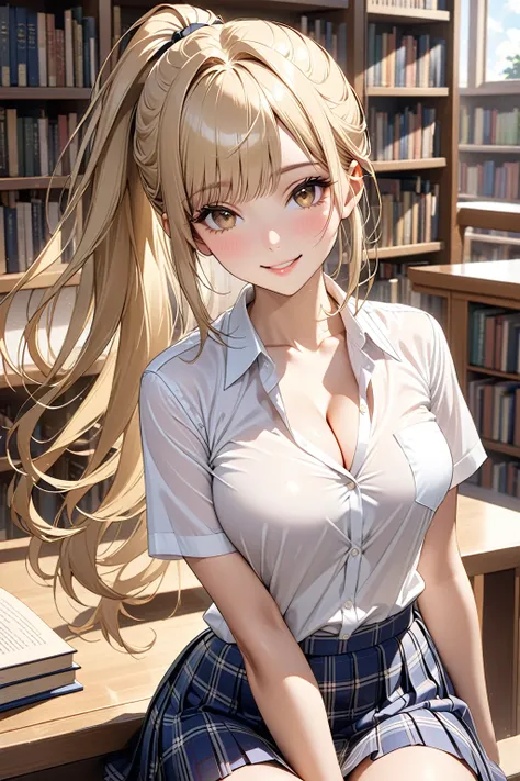 masterpiece,highest quality,32K,ultra detailed,young woman,cleavage,light brown eyes,light makeup,fair skin,shiny skin,smile,silky hair,bangs,ponytail,straight hair,blond,school uniform,short sleeve dress shirt, summer style with light fabric, plaid skirt,...