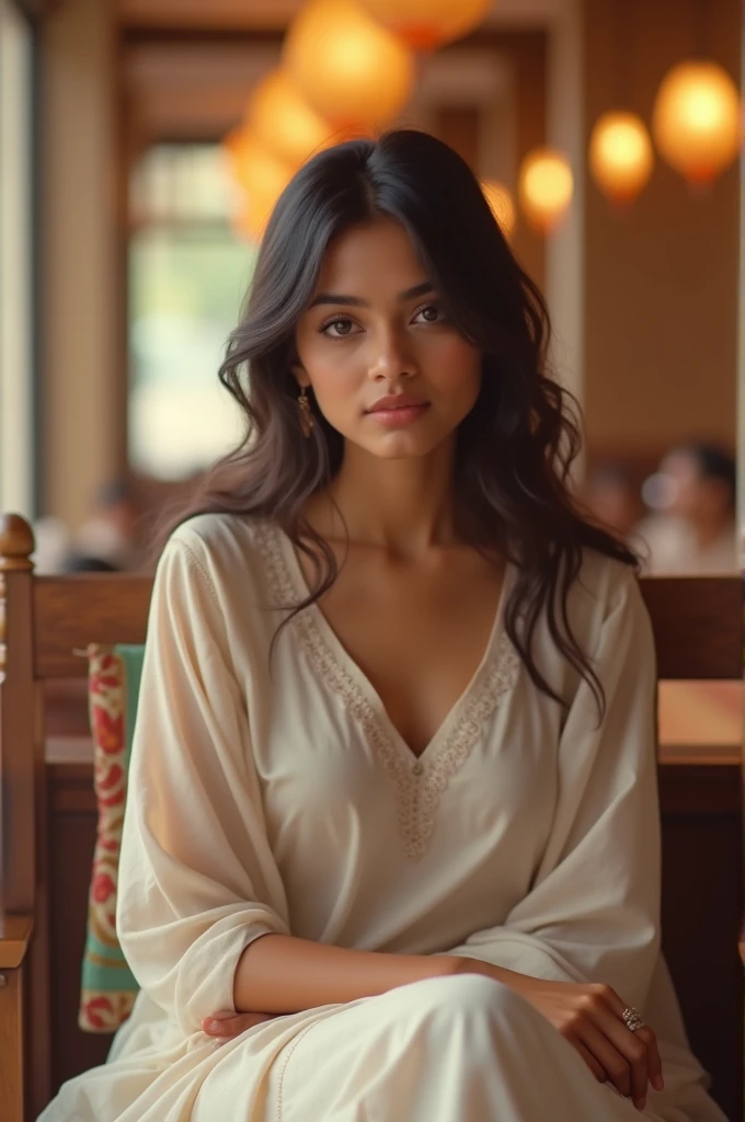 Indian girl ,fair skin tone , wearing a white kurti sitting on a chair in a restaurant 