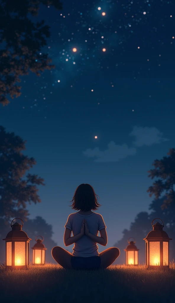 Depict a serene night scene where a person is sitting with their hands clasped in a prayer-like position, looking up at the starry sky. The person is surrounded by a peaceful, calm atmosphere, with a few glowing lanterns around. The mood should be one of h...