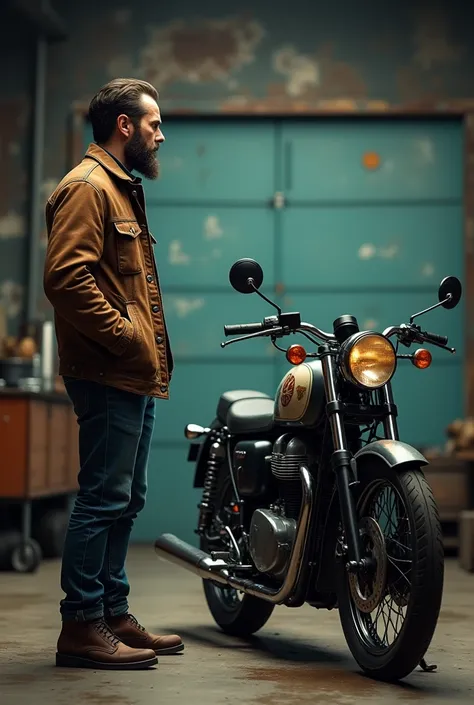 moodboard montage, A man standing in a vintage garage, wearing aleather jacket and boots, looking at a classic motorcycle, (best quality,4k,8k,highres,masterpiece:1.2),ultra-detailed,(realistic,photorealistic,photo-realistic:1.37),detailed clothing, extrem...