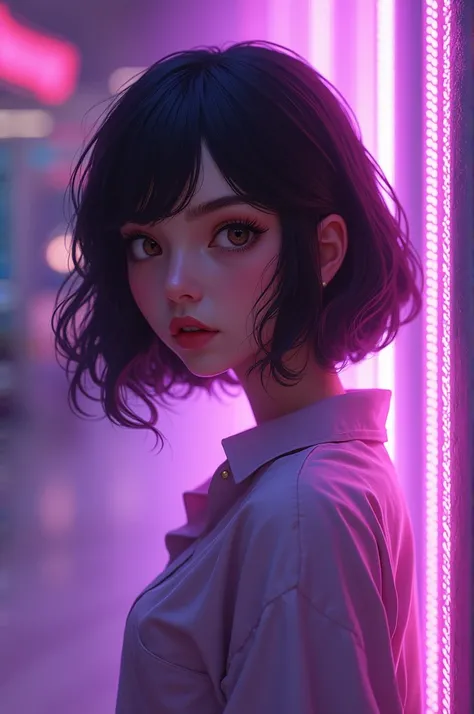 Create a league of legends style girl with dark brown hair and a round face, small, round light brown eyes, big mouth. With a loose shirt and a purple neon effect