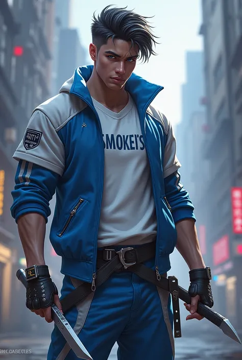 Game name:mobile legends bang bang games. Holding dagger in right hand.
no muscle man
Outfit: White and blue cyberpunk with clear and not hidden print "smokers".
Background realistic 