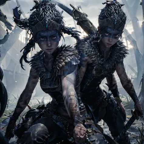 senua from hellblade, holding sword, fighting shadow monsters, various sword fighting poses, wide angle, leather clothing, foreh...