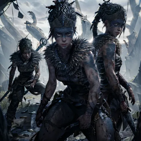 senua from hellblade, holding sword, fighting shadow monsters, various sword fighting poses, wide angle, leather clothing, foreh...