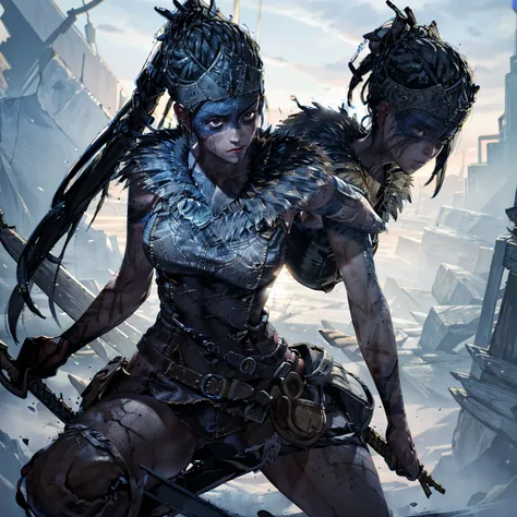 senua from hellblade, 1girl, holding sword, fighting shadow monsters, various sword fighting poses, wide angle, leather clothing...