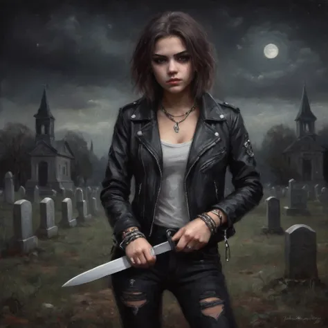 a crazy beautiful 20 years old girl, wearing a black leather jacket and spiked bracelet, holding a knife. night, dark cemetary.