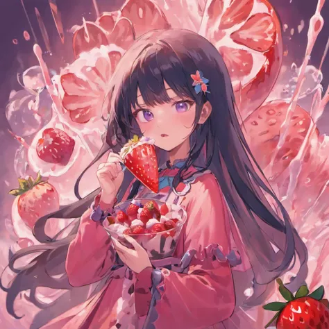 Cute girl with long black hair eating strawberry ice cream, Pink dress with blue flowers,eyes black 