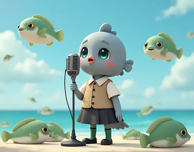 ((Highest quality)), ((masterpiece)), (photograph:1.6), (front), photorealistic, portrait, Singing with a microphone surrounded by lots of green, round puffer fish。
Big cute eyes, human expression。A small grey female pigeon with a head slightly larger than...