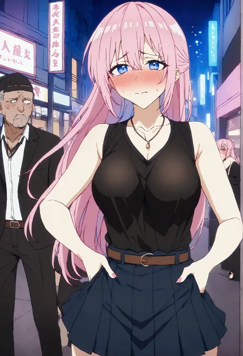 NSFW,masterpiece,Highest quality,High resolution,Very detailed,Shikimori-san(可愛いだけじゃないShikimori-san),Pink Hair、Long Hair、blue eyes、Hair between the eyes、bangs,Embarrassed,blush,Knit tops,Sleeveless,Pleated skirt,belt,necklace,Heeled Sandals,Nightlife,Hotel...