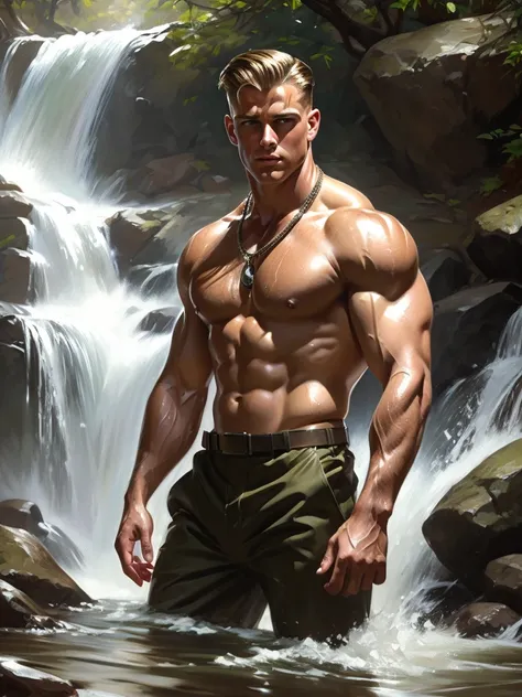 Illustration in the style of Leyendecker; First Sergeant, a handsome muscular and pumped-up 4 blond man stands by the stream of a waterfall. Wet hair. Wet skin. Dog tags on his neck.