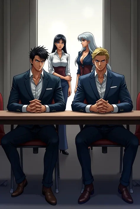 Sesshoumaru and Inuyasha in suits sitting at a meeting table with a leader pose and a serious yet sexy face and their wives in the background admiring such beauty