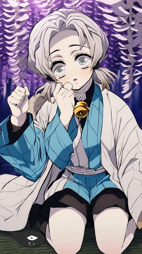 estilo kimetsu no yaiba, tomboy girl kneeling on tatami, very short gray hair, white left eye, black right eye, nostalgic expres...