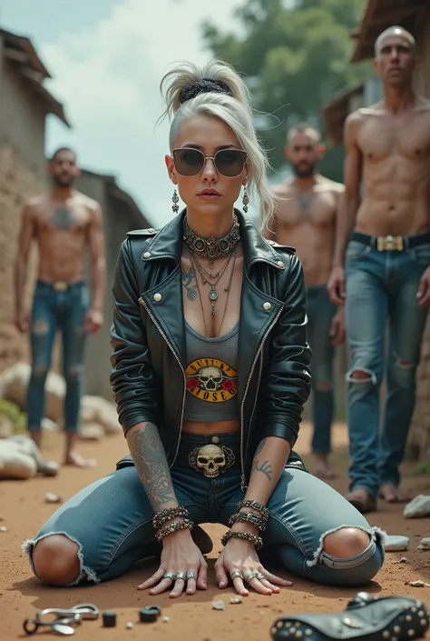 russian milf woman, grey hair (pouf, and top bun and shaved sides) and oversized square maxi sunglasses as bandana, with very light blue eyes, extremely pale. Wearing aged black moto jacket with lots of zippers and pins, aged dark grey cropped t-shirt with...