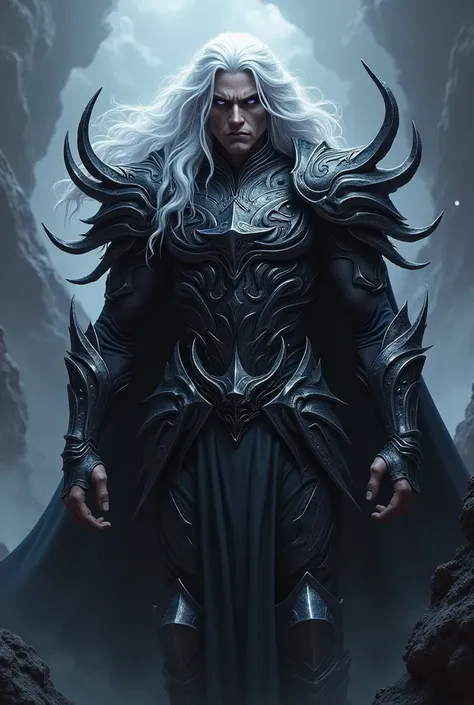 Create a beautiful and imposing prince of hell with armor, long white hair and lilac eyes