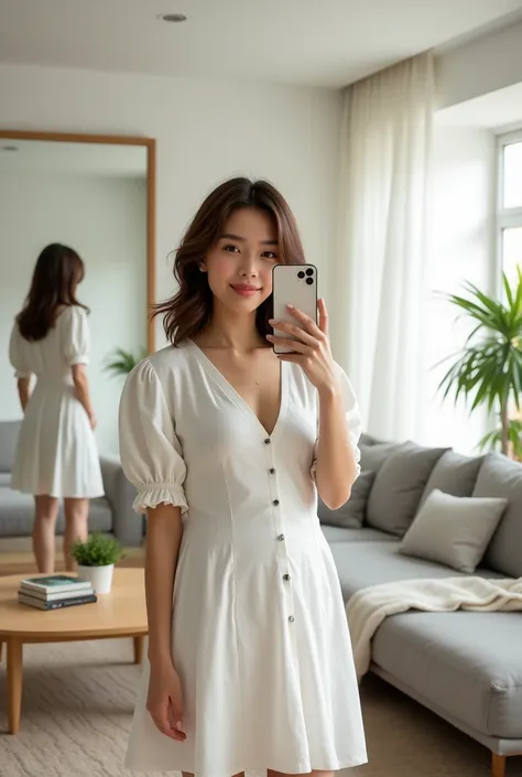 A young Caucasian woman in her twenties with slightly wavy, shoulder-length brown hair is standing in her modern living room. She wears an elegant white cotton dress with puffed sleeves and a V-neck, falling to her knees. The dress is fitted at the waist, ...