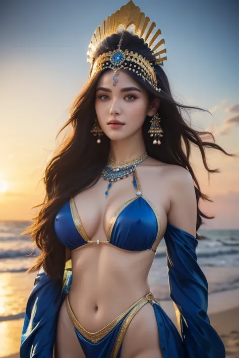 Godness, A stunning, hyperrealistic portrait of a beautiful woman in a blue warrior bikini and ornate iron headdress, standing on a beach. The detailed face resembles that of a goddess, and the armor is exquisitely crafted, masterpiece, maxium resolution, ...