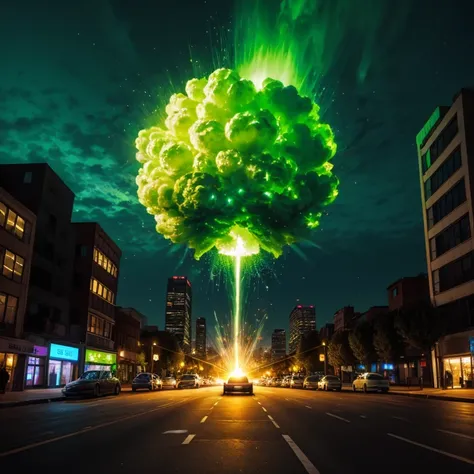 Huge green explosion in a city