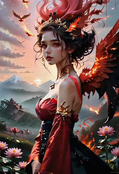 (masterpiece, best quality: 1.2), a girl with phoenix wings standing in a ring of fire, with glowing red eyes, phoenix, lotus fl...