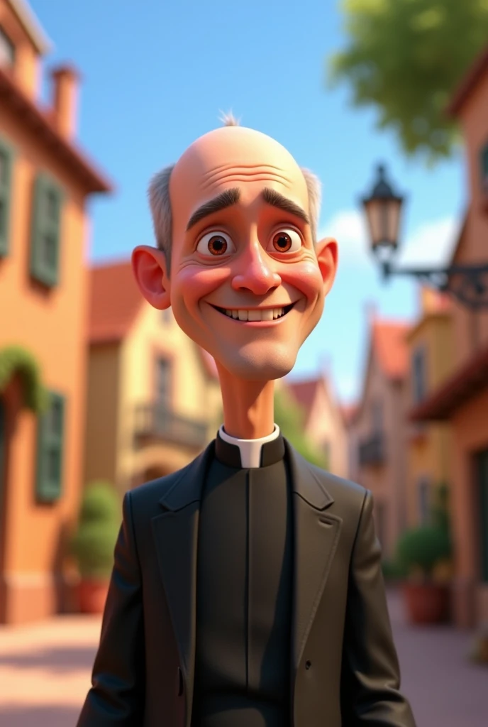 Cheerful, slightly bald Disney Pixar style slim priest