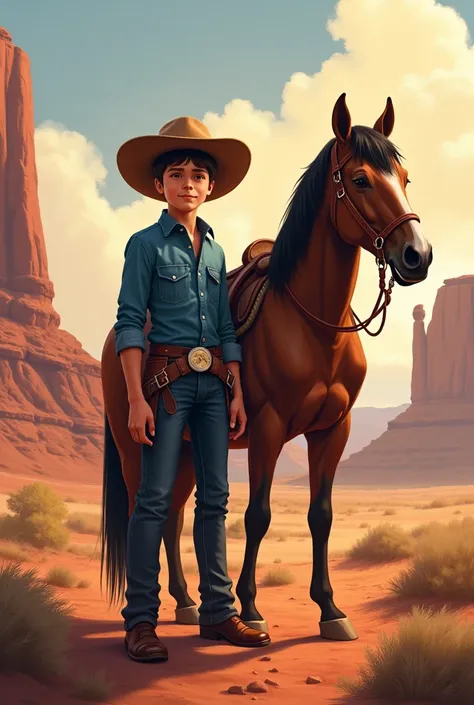 Design a realistic and detailed digital painting of a young boy dressed as a cowboy, standing confidently beside a sturdy horse. The boy is wearing a wide-brimmed cowboy hat, a blue denim shirt with rolled-up sleeves, and jeans with a leather belt. The bac...