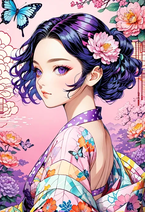 A mesmerizing surreal illustration of Shinobu Kouchou from Kimetsu No Yaiba. She has black hair, purple eyes, a butterfly hair ornament, and wears a vibrant pastel colored bikini. The background is a vintage floral-patterned wallpaper that complements the ...