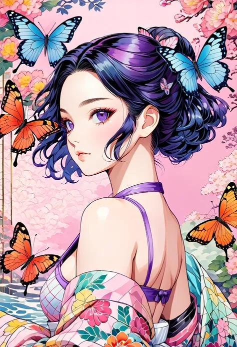 A mesmerizing surreal illustration of Shinobu Kouchou from Kimetsu No Yaiba. She has black hair, purple eyes, a butterfly hair ornament, and wears a vibrant pastel colored bikini. The background is a vintage floral-patterned wallpaper that complements the ...