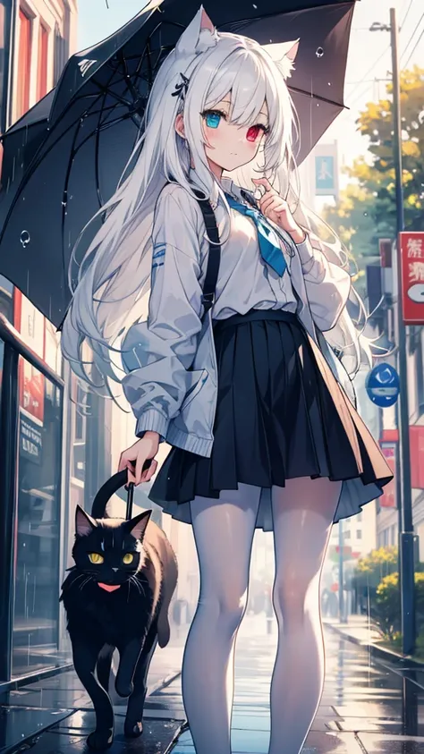 white hair，long hair，cat ear，heterochromia（left blue and yellow），campus服装，white pantyhose，holding an umbrella，rain，street，campus