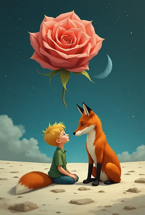 Create an image where the little prince and the fox are sitting on the moon looking into each other&#39;s eyes with a dominant look and tie this to a large rose in the sky with a pencil