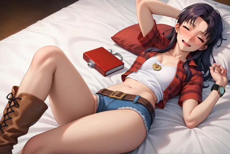 Misato Katsuragi in a sexy cowgirl outfit,Black Hair,Red plaid　Short short sleeves　collared cowgirl shirt,Denim hot pants,Western belt with holster,Western Boots,Watch on wrist,Navel exposed,Drunk,Above the knee shot,Open your eyes,Lying in bed,Ultra-high ...