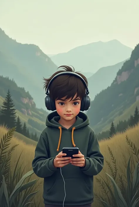 1 boy with headphones and cell phone with a nice lead landscape background and a flirtatious look Something more muted and background with gray tones
