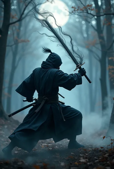 A samurai ninja fighting with his black fire sword
