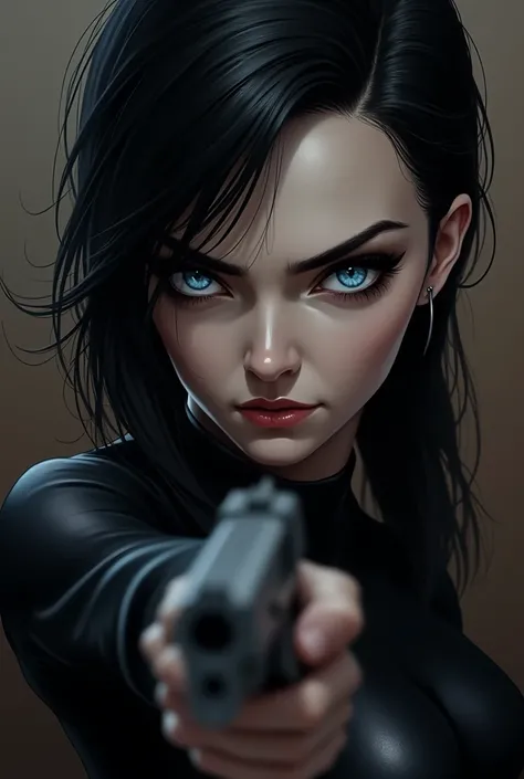 A close-up of a woman&#39;s very blue eyes, angry look, linda, black hair, black clothes, and a gun in his hand