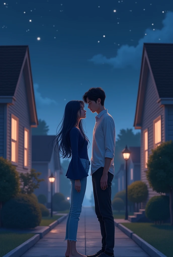 A girl with neavy blue flayerd top and light blue jeans with a boy wearing white shirt and black pant looking into eyes of each standing between two houses at mod night 