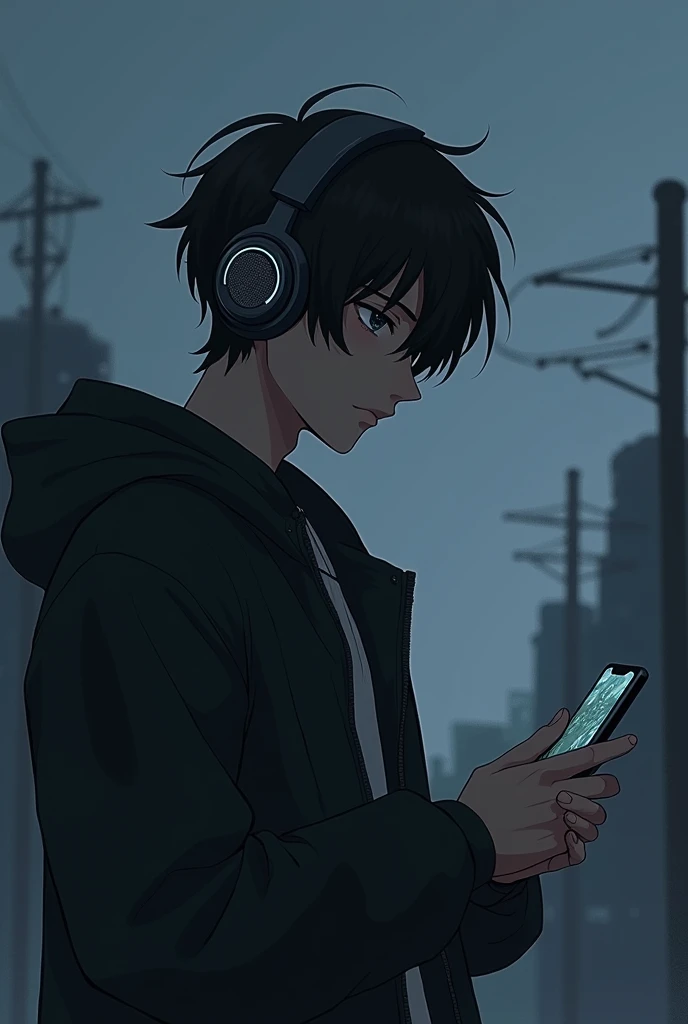 1 anime boy with headphones and cell phone with a lead night landscape background and a cold look Something more muted and background with gray tones
