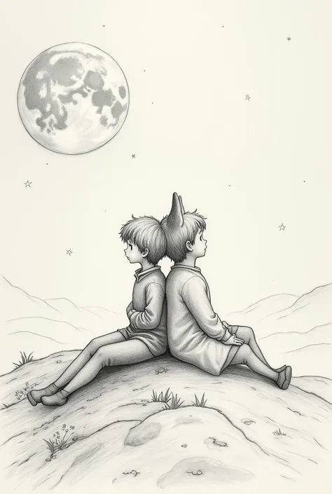 Create an image where the little prince and the fox are sitting back to back on the moon in pencil