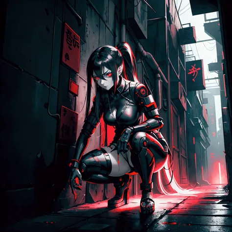 A female cyberpunk anime character, with long black hair, with bright red eyes, wearing a torn futuristic school uniform, revealing a cybernetic body. She wields an ancient katana, covered in synthetic blood, with a dark aura. The setting is a dark alley i...