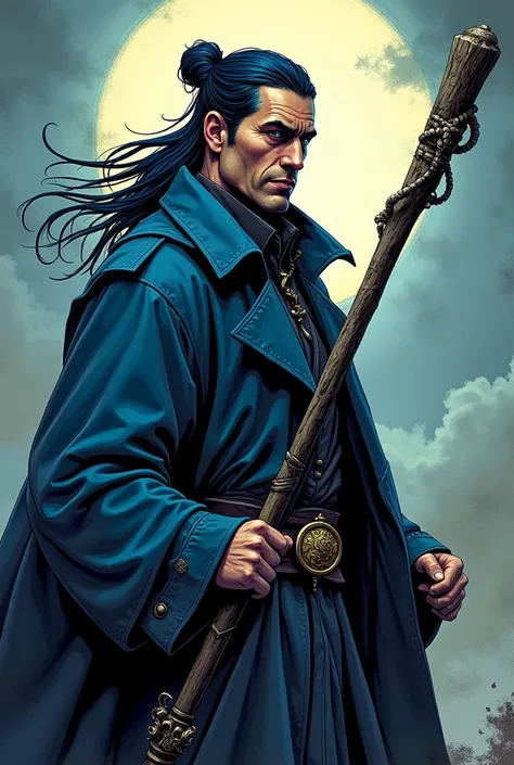 traditional comic art. d&d, Man Wizard, Bblack hair, Bun hair, dark blue overcoat, wizard&#39;s staff, traditional comic art. 
heroic poses Dramatic light and shadow No background