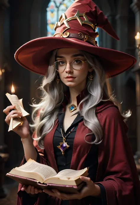 woman in red hat and glasses holding a book,silver hair,she wears harry potter glasses, maya ali as d&d sorceress, holding spell...