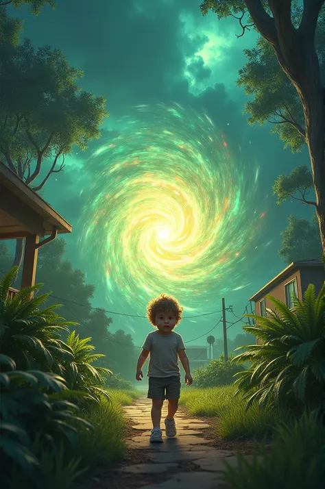 The backyard transforms into a swirling vortex of colors as the artifact activates.
	•	Action: The child is pulled into the vortex, and the scene transitions into a lush, prehistoric landscape.
