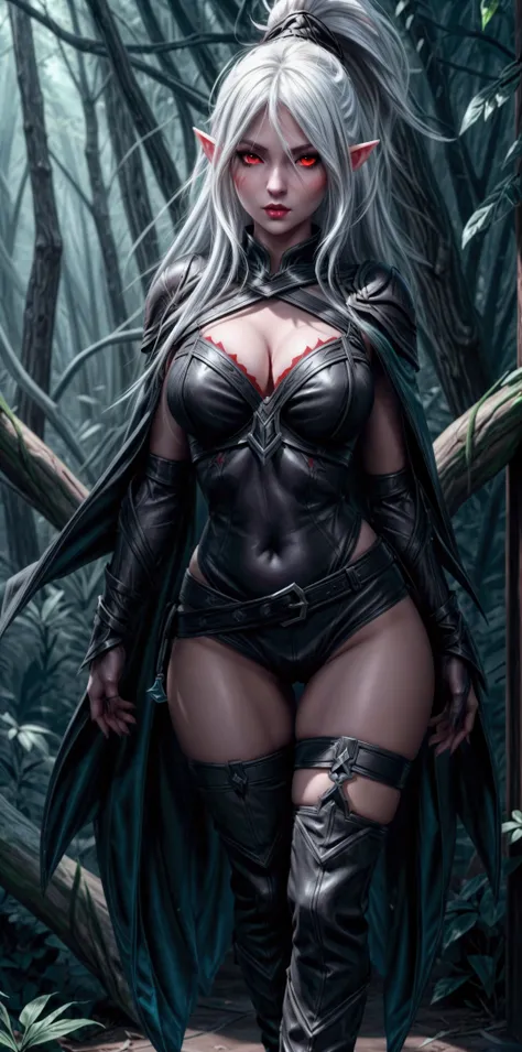 elfgirl, sexy pose, sexy body, medium size breasts, dota 2 art style, ultra realistic, dark forest background, white hair, red eyes, realistic skin, detailed face