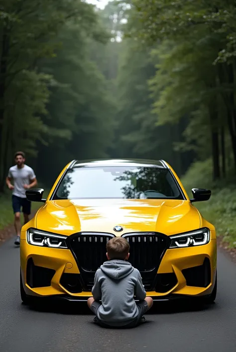 a  yellow bmw m5 cs on the charcoal road near the forest and a jogger and hoodie wear boy sitting front of the car on the road face on front side