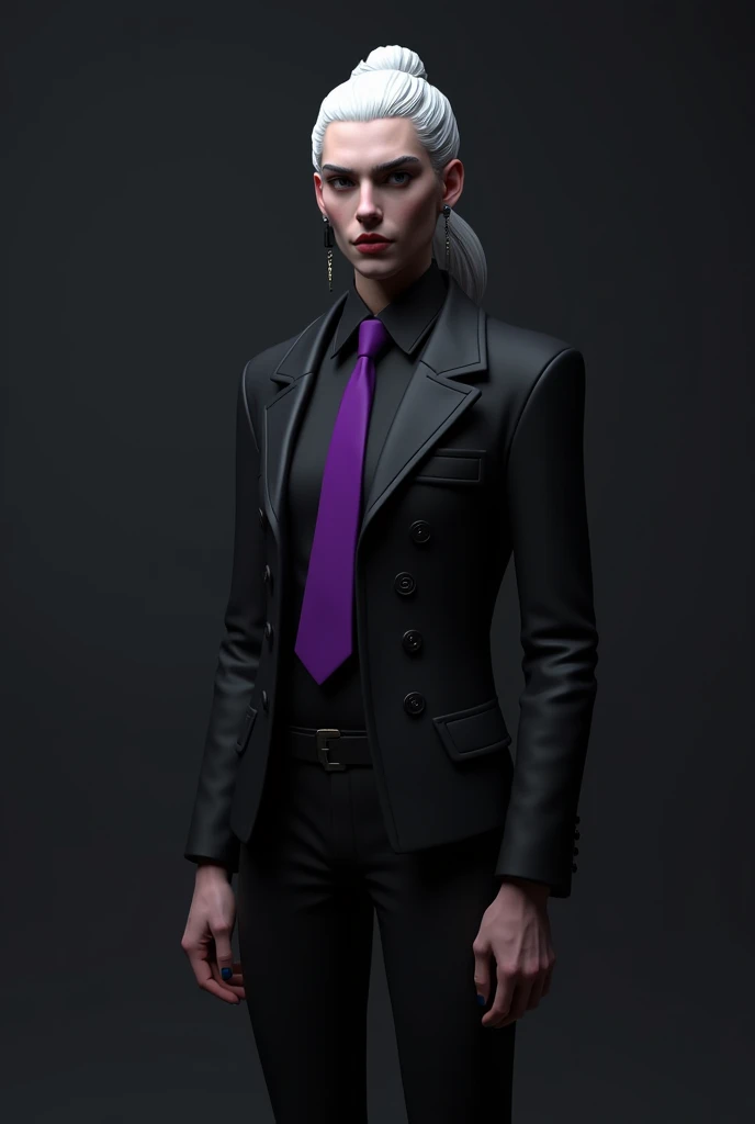 (masterpiece), (1 Vampire), white hair, Black style jacket, tie, purple tie, full body, long hair, samurai bun, purple necktie, black skinny pants, turtleneck, 3D